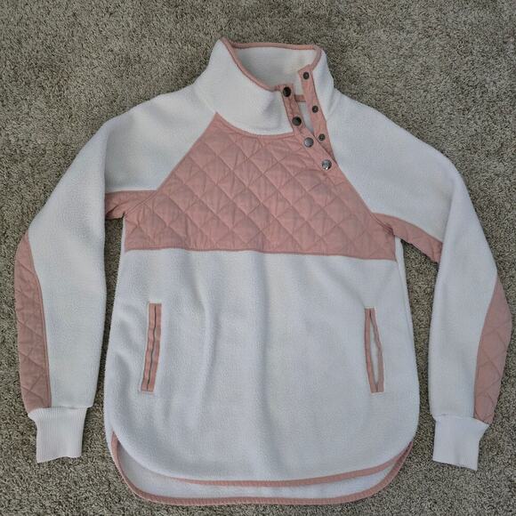 Abercrombie & Fitch XS Quilted Fleece Pullover Pink Cream Snap Cozy Loungewear - Picture 5 of 9